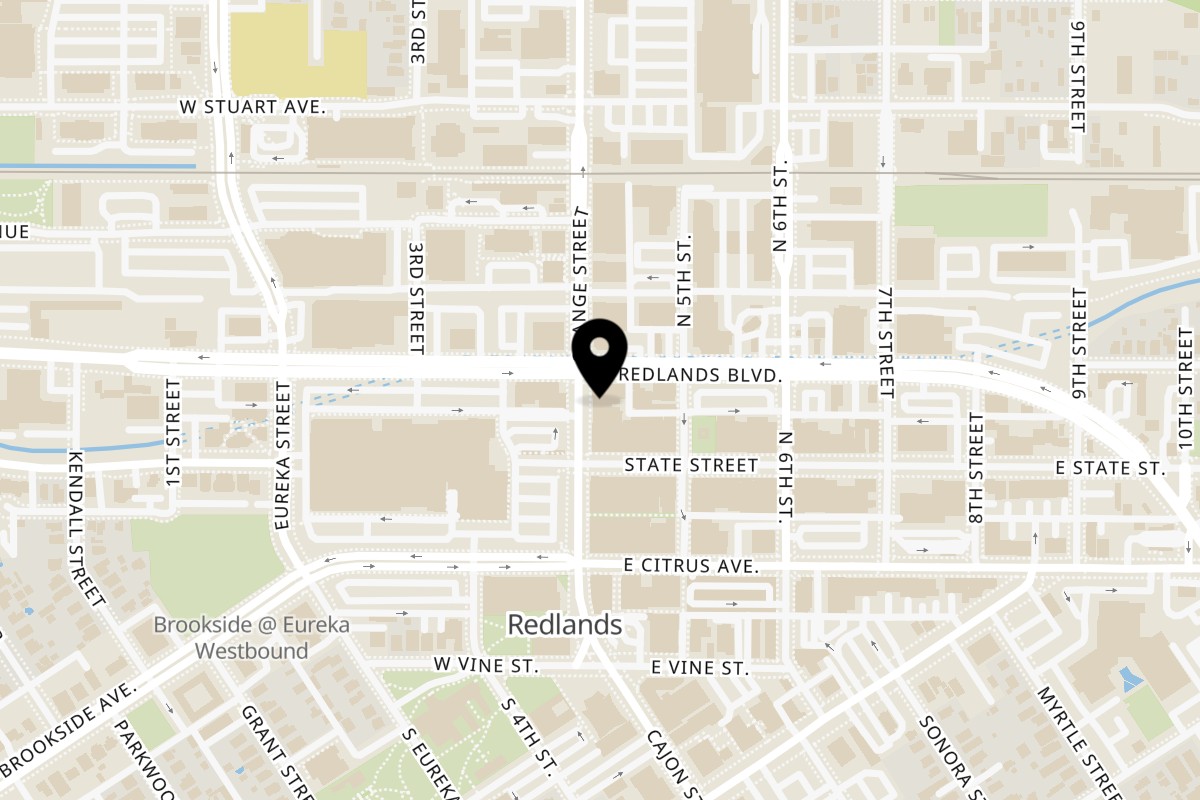 Map showing the location of Made from Skratch Pizza Kitchen on 118 Orange St in Redlands